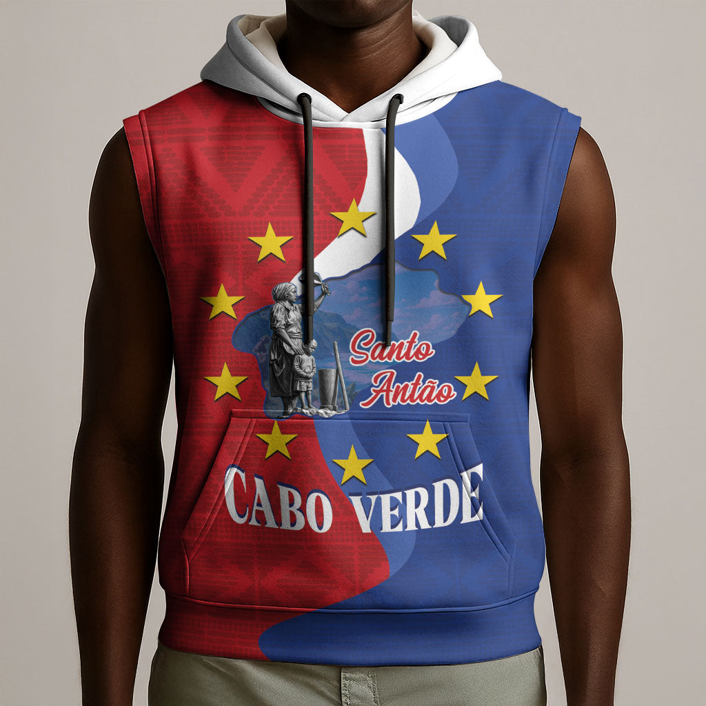 Santo Antao Cabo Verde Sleeveless Hoodie Map With Me Maia Statue African Pattern