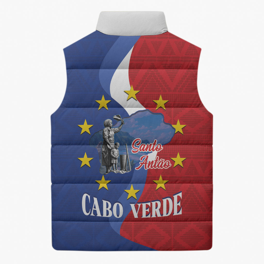 Santo Antao Cabo Verde Sleeveless Puffer Jacket Map With Me Maia Statue African Pattern
