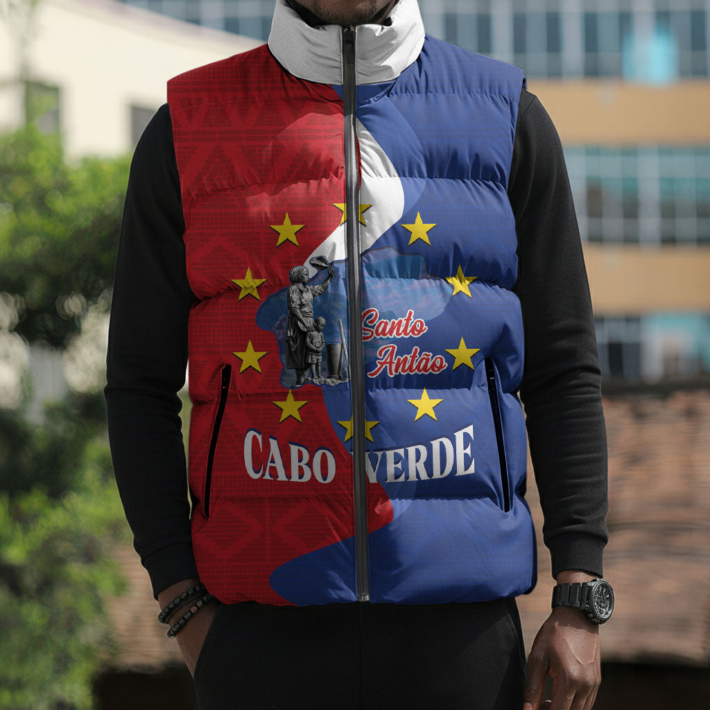 Santo Antao Cabo Verde Sleeveless Puffer Jacket Map With Me Maia Statue African Pattern