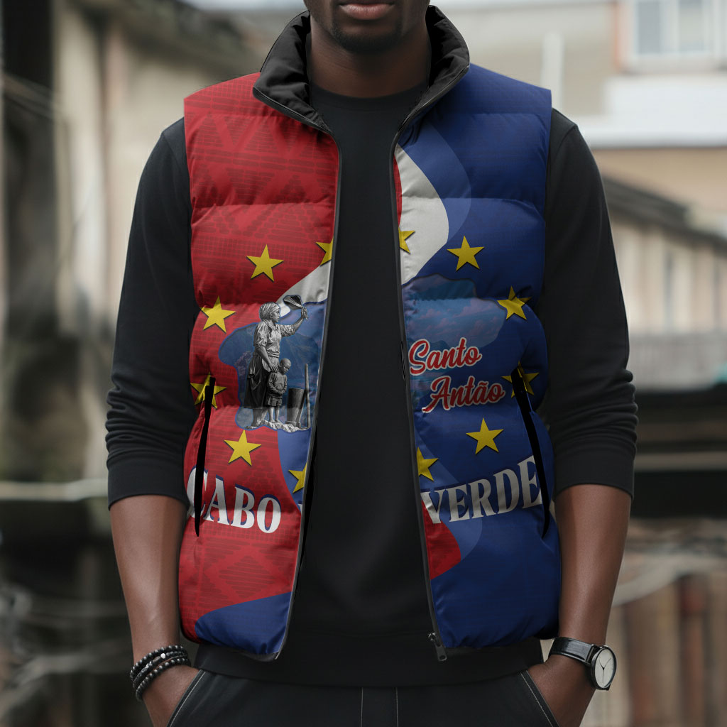 Santo Antao Cabo Verde Sleeveless Puffer Jacket Map With Me Maia Statue African Pattern