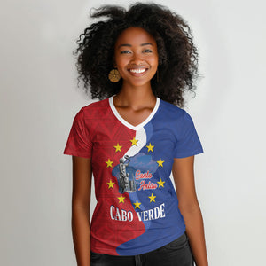 Santo Antao Cabo Verde Women V-Neck T-Shirt Map With Me Maia Statue African Pattern