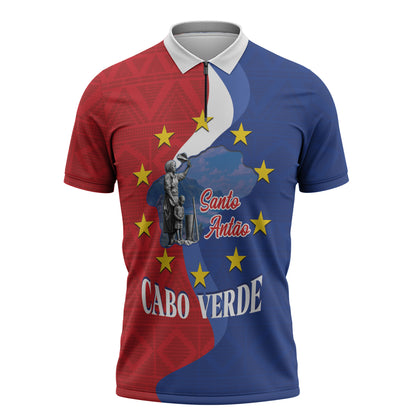 Santo Antao Cabo Verde Zipper Polo Shirt Map With Me Maia Statue African Pattern