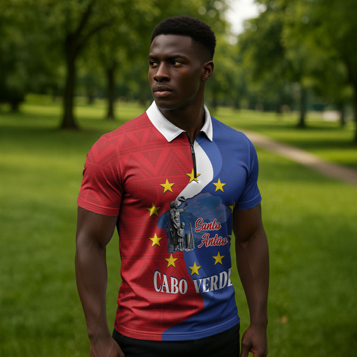 Santo Antao Cabo Verde Zipper Polo Shirt Map With Me Maia Statue African Pattern