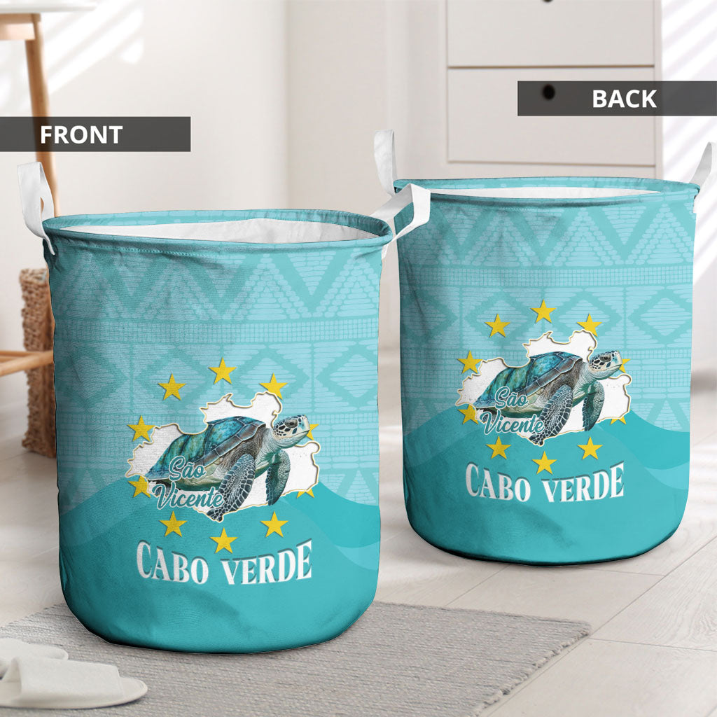 Sao Vincente Cabo Verde Laundry Basket Map With Sea Turtle African Pattern