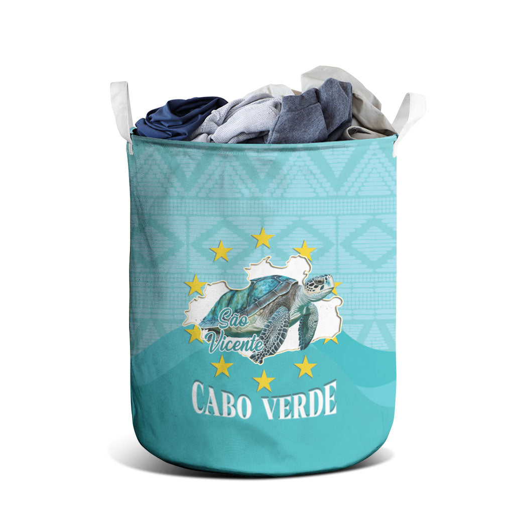 Sao Vincente Cabo Verde Laundry Basket Map With Sea Turtle African Pattern