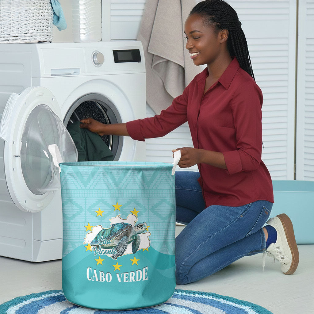 Sao Vincente Cabo Verde Laundry Basket Map With Sea Turtle African Pattern