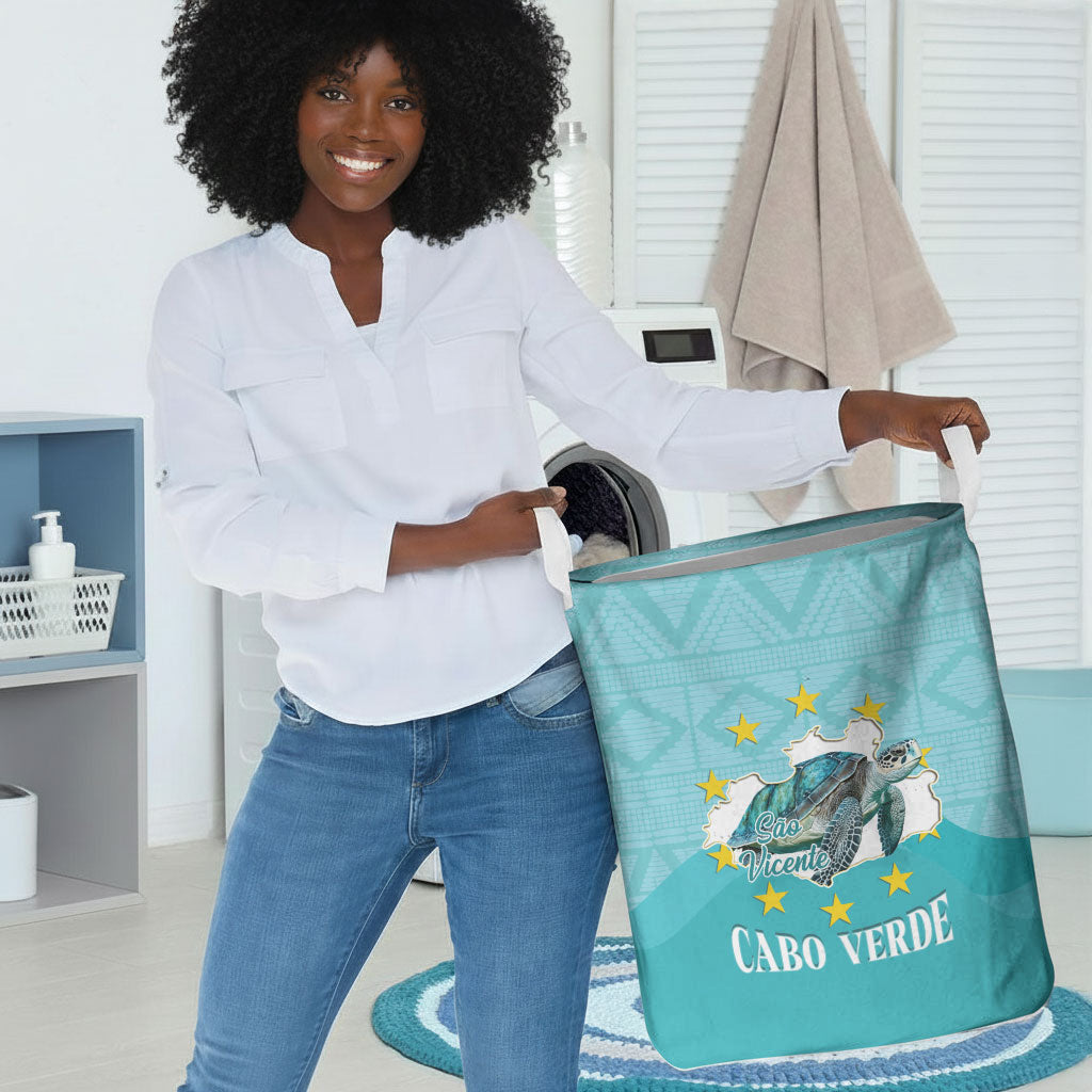 Sao Vincente Cabo Verde Laundry Basket Map With Sea Turtle African Pattern