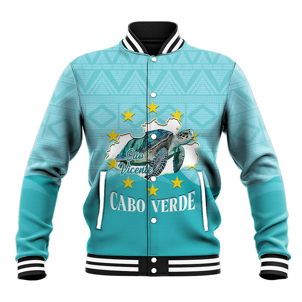 Sao Vincente Cabo Verde Baseball Jacket Map With Sea Turtle African Pattern
