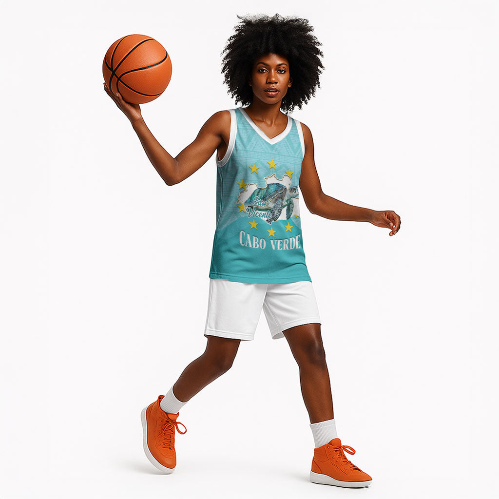 Sao Vincente Cabo Verde Basketball Jersey Map With Sea Turtle African Pattern