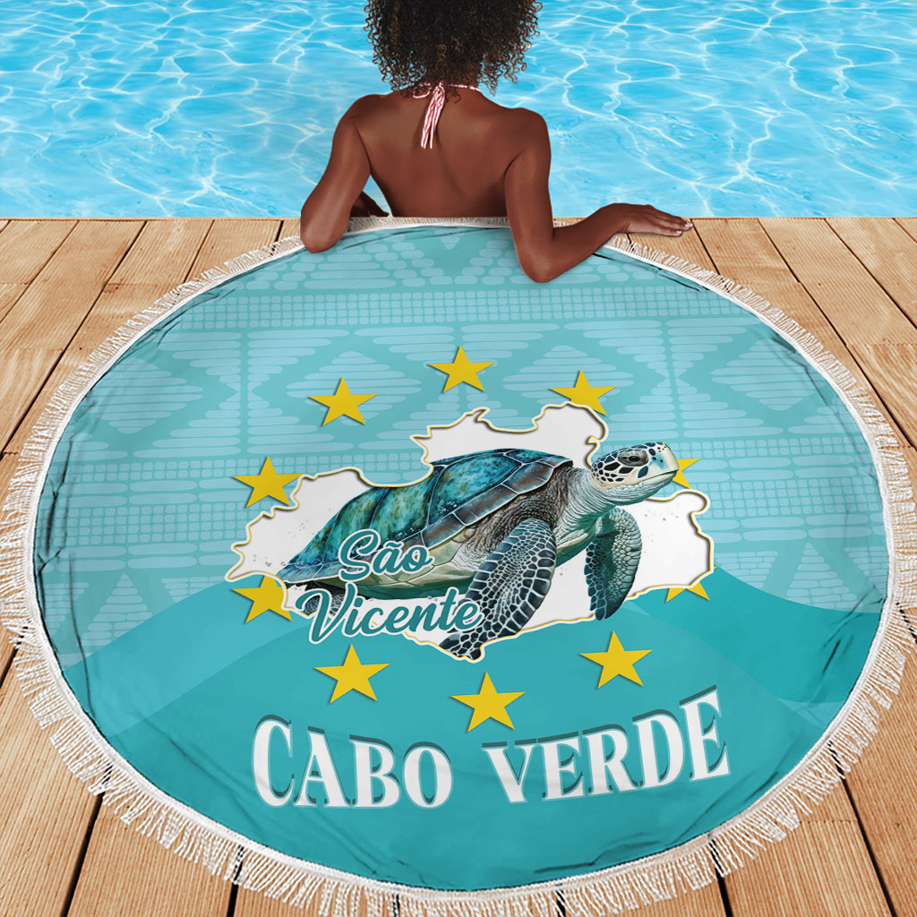 Sao Vincente Cabo Verde Beach Blanket Map With Sea Turtle African Pattern