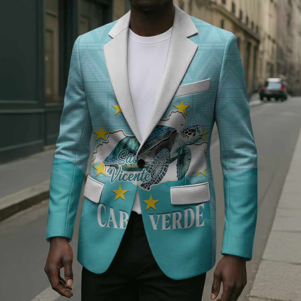 Sao Vincente Cabo Verde Blazer Map With Sea Turtle African Pattern