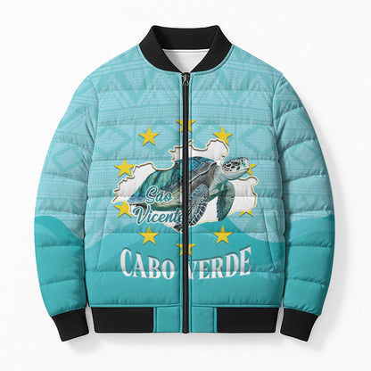 Sao Vincente Cabo Verde Bomber Puffer Jacket Map With Sea Turtle African Pattern