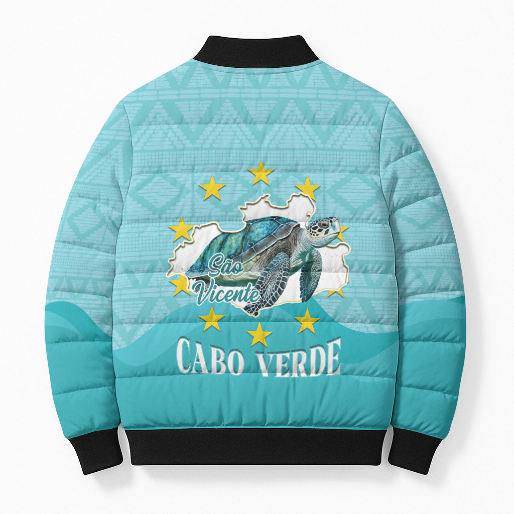 Sao Vincente Cabo Verde Bomber Puffer Jacket Map With Sea Turtle African Pattern