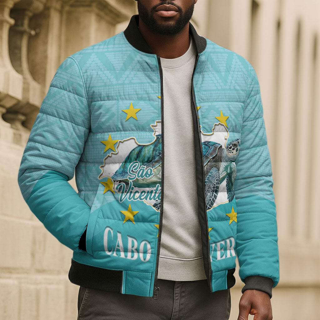 Sao Vincente Cabo Verde Bomber Puffer Jacket Map With Sea Turtle African Pattern