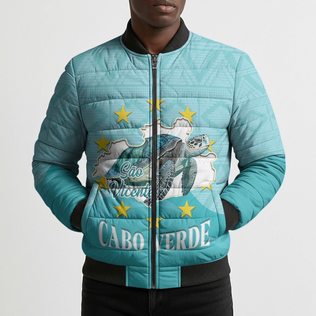 Sao Vincente Cabo Verde Bomber Puffer Jacket Map With Sea Turtle African Pattern