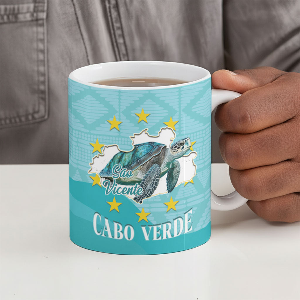 Sao Vincente Cabo Verde Ceramic Mug Map With Sea Turtle African Pattern