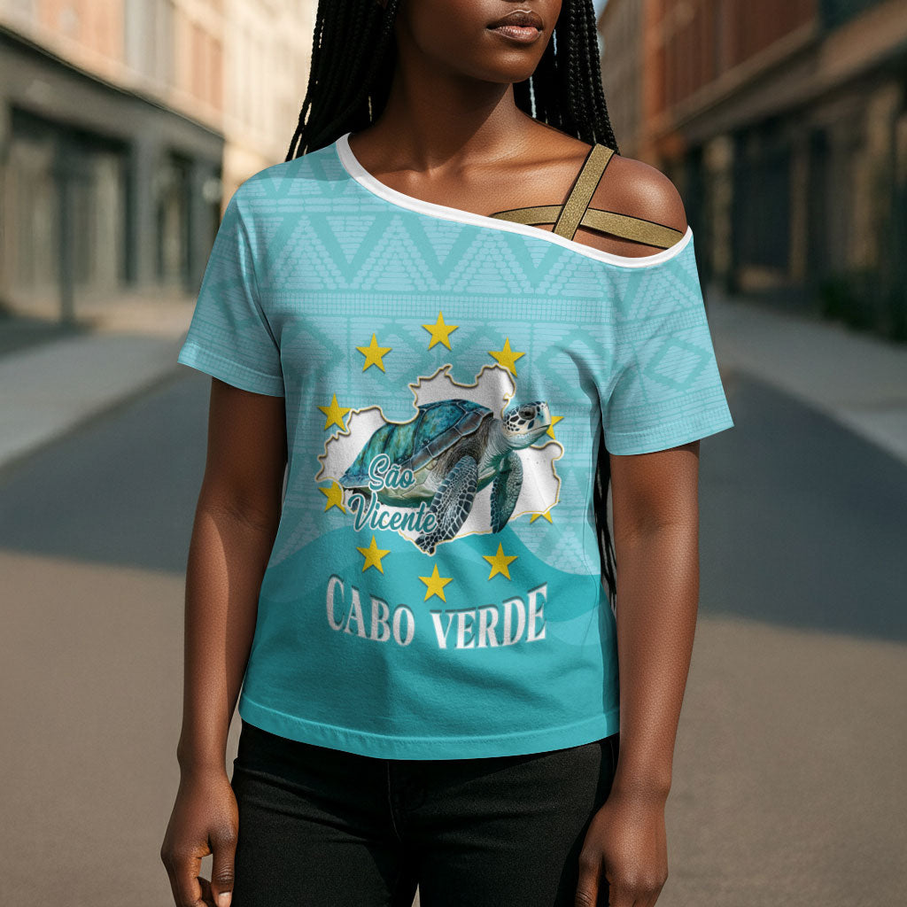Sao Vincente Cabo Verde Cross Shoulder Shirt Map With Sea Turtle African Pattern