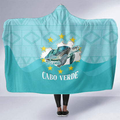 Sao Vincente Cabo Verde Hooded Blanket Map With Sea Turtle African Pattern