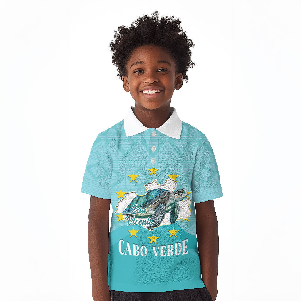 Sao Vincente Cabo Verde Kid Polo Shirt Map With Sea Turtle African Pattern