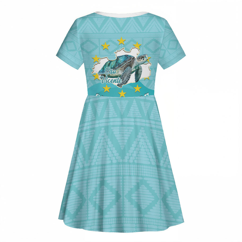 Sao Vincente Cabo Verde Kid Short Sleeve Dress Map With Sea Turtle African Pattern