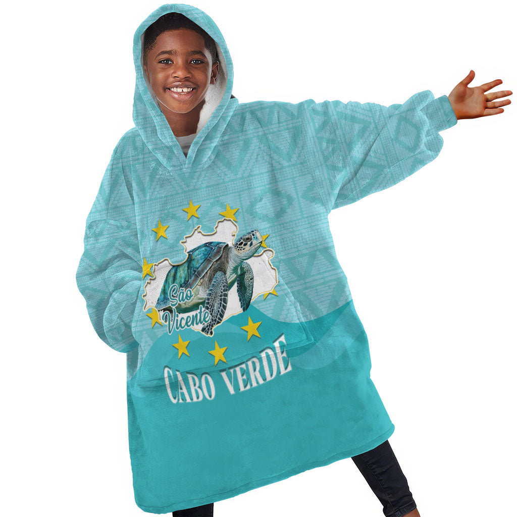 Sao Vincente Cabo Verde Kid Wearable Blanket Hoodie Map With Sea Turtle African Pattern
