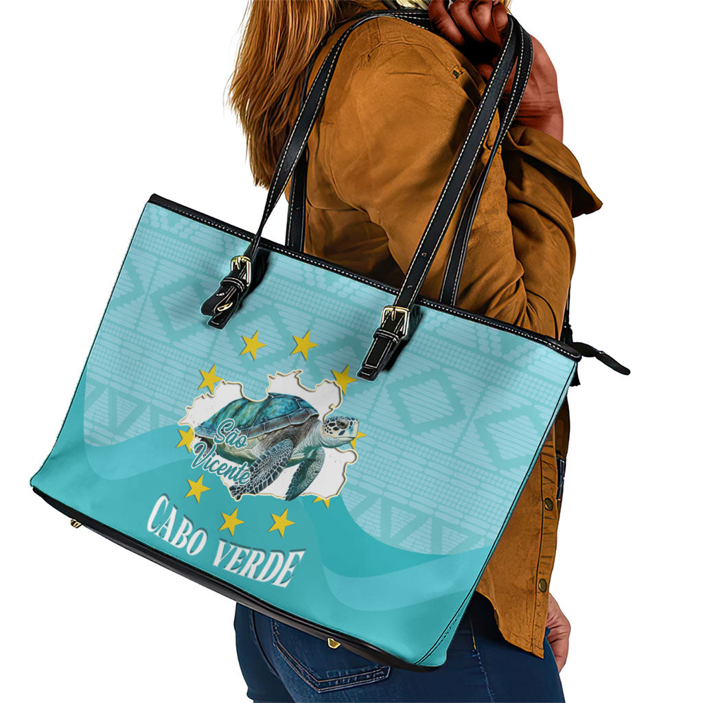 Sao Vincente Cabo Verde Leather Tote Bag Map With Sea Turtle African Pattern