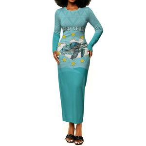 Sao Vincente Cabo Verde Long Sleeve Bodycon Dress Map With Sea Turtle African Pattern