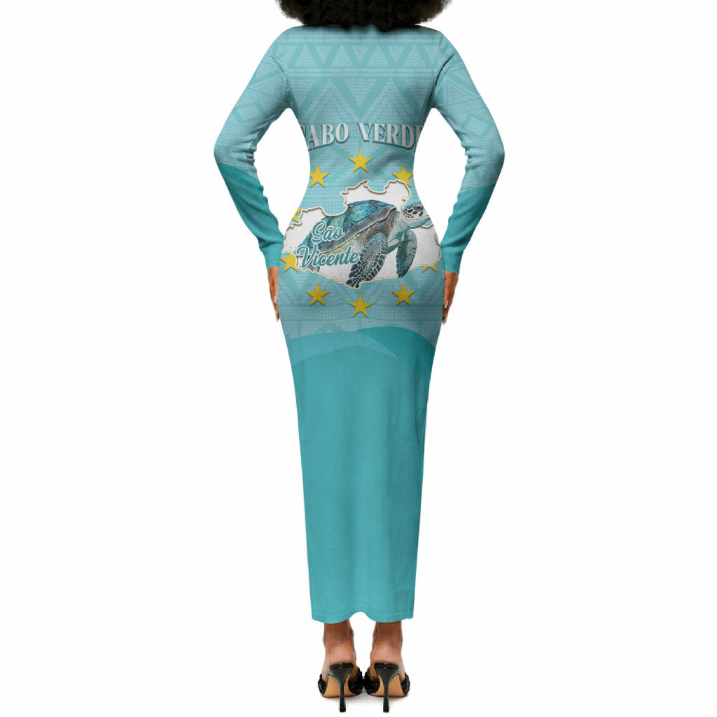 Sao Vincente Cabo Verde Long Sleeve Bodycon Dress Map With Sea Turtle African Pattern