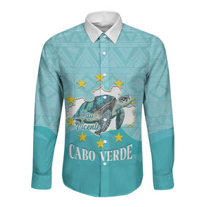 Sao Vincente Cabo Verde Long Sleeve Button Shirt Map With Sea Turtle African Pattern