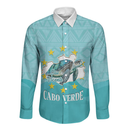Sao Vincente Cabo Verde Long Sleeve Button Shirt Map With Sea Turtle African Pattern