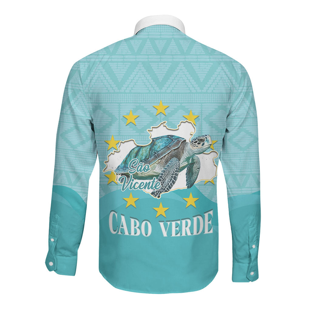 Sao Vincente Cabo Verde Long Sleeve Button Shirt Map With Sea Turtle African Pattern