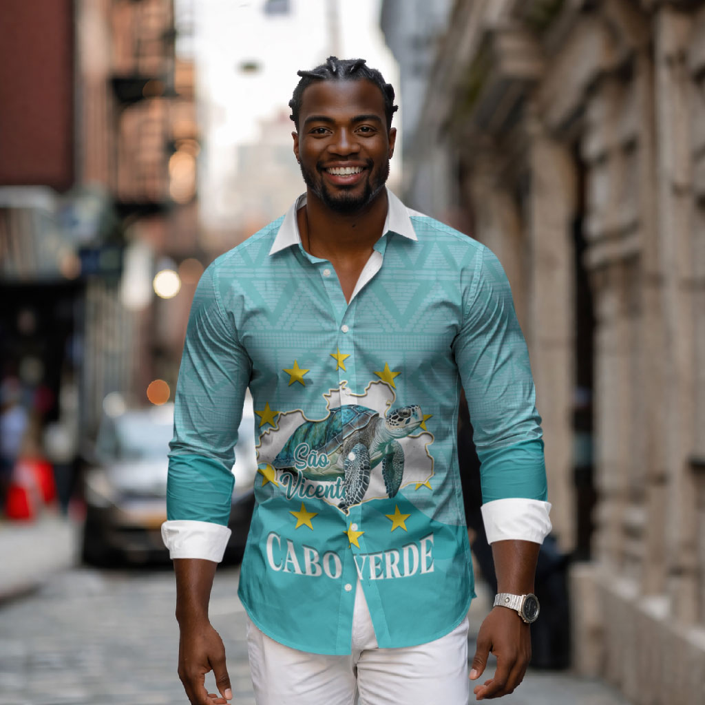 Sao Vincente Cabo Verde Long Sleeve Button Shirt Map With Sea Turtle African Pattern