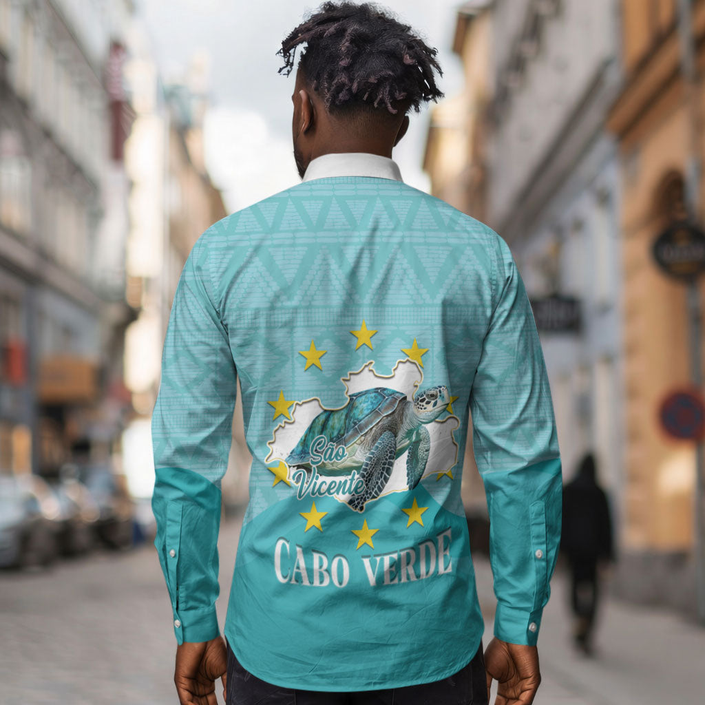 Sao Vincente Cabo Verde Long Sleeve Button Shirt Map With Sea Turtle African Pattern