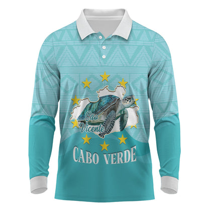 Sao Vincente Cabo Verde Long Sleeve Polo Shirt Map With Sea Turtle African Pattern