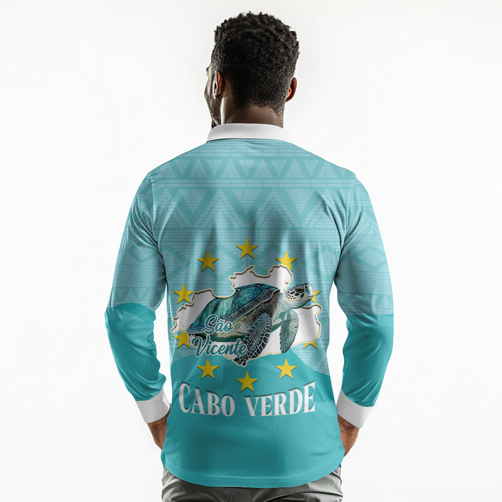 Sao Vincente Cabo Verde Long Sleeve Polo Shirt Map With Sea Turtle African Pattern