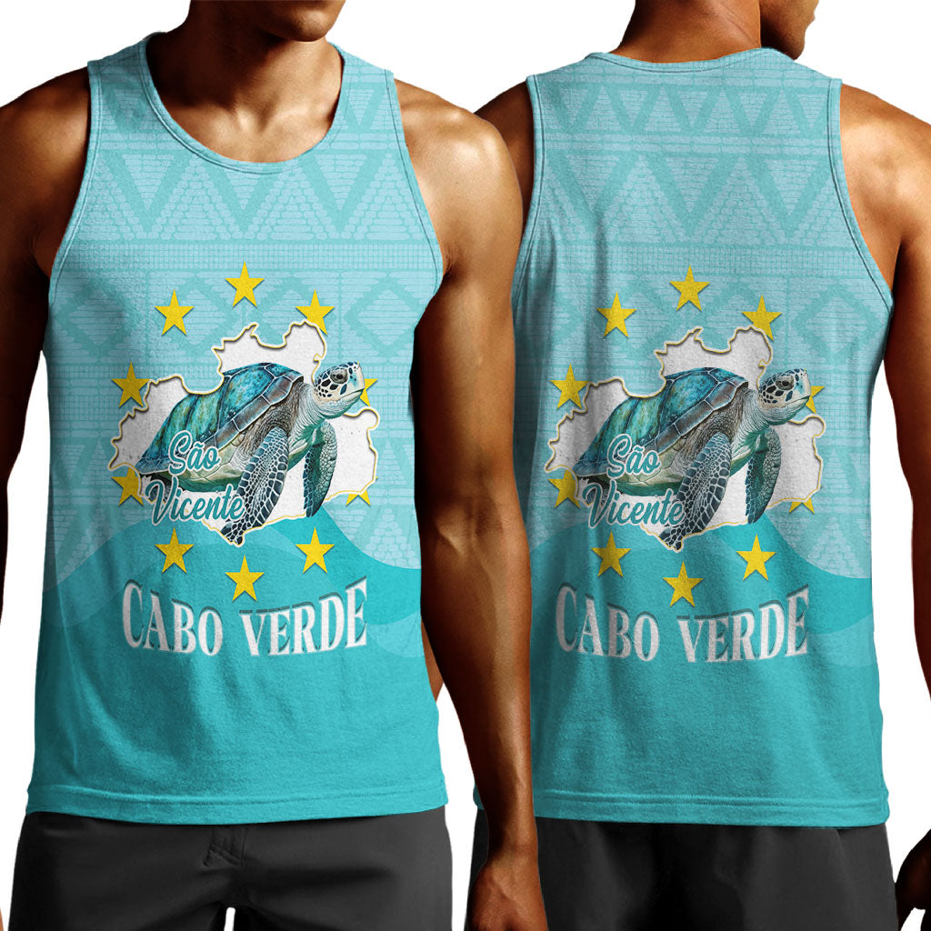 Sao Vincente Cabo Verde Men Tank Top Map With Sea Turtle African Pattern