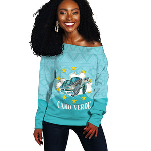 Sao Vincente Cabo Verde Off Shoulder Sweater Map With Sea Turtle African Pattern
