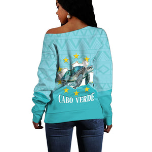 Sao Vincente Cabo Verde Off Shoulder Sweater Map With Sea Turtle African Pattern