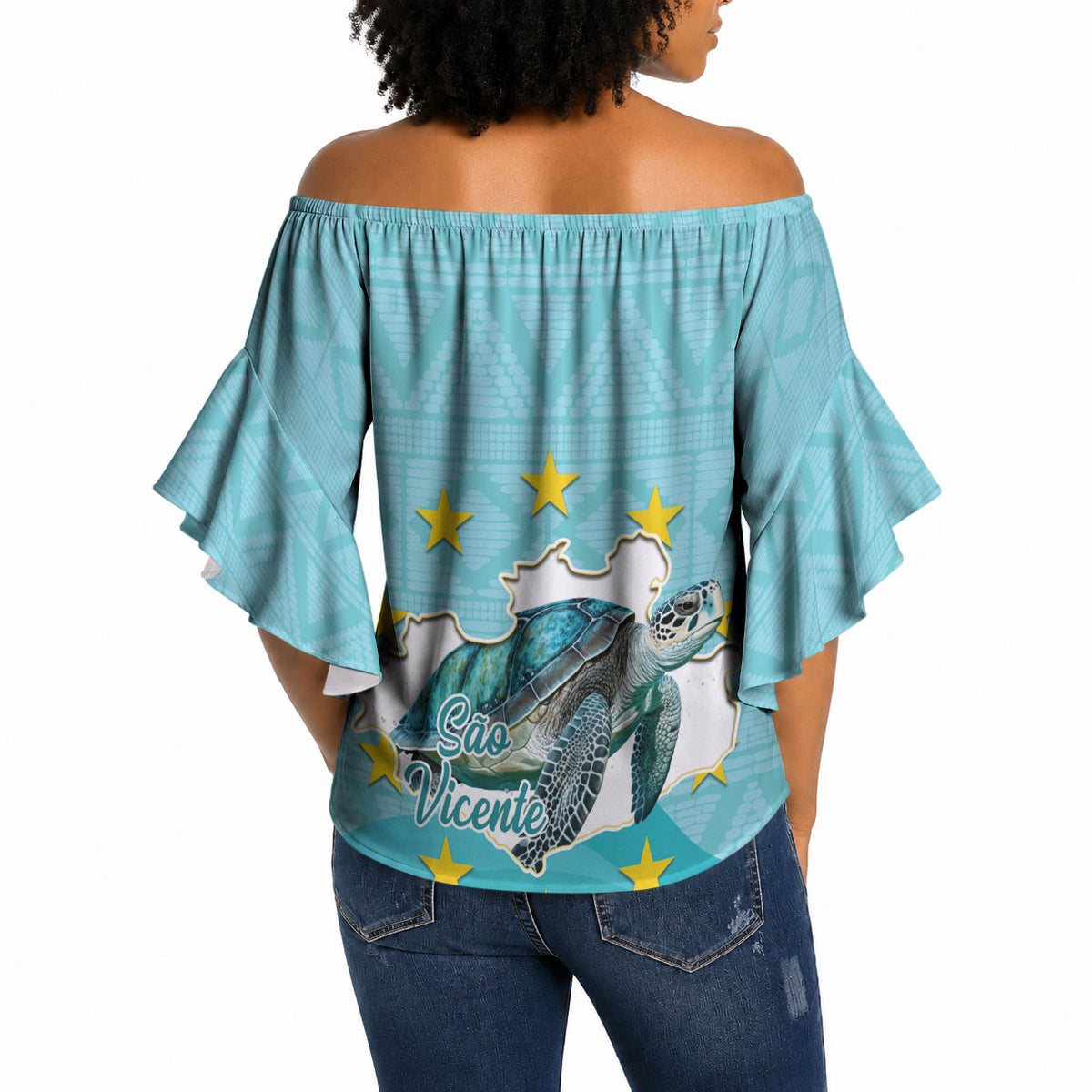 Sao Vincente Cabo Verde Off Shoulder Wrap Waist Top Map With Sea Turtle African Pattern