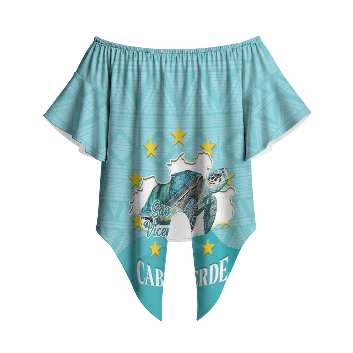 Sao Vincente Cabo Verde Off Shoulder Wrap Waist Top Map With Sea Turtle African Pattern
