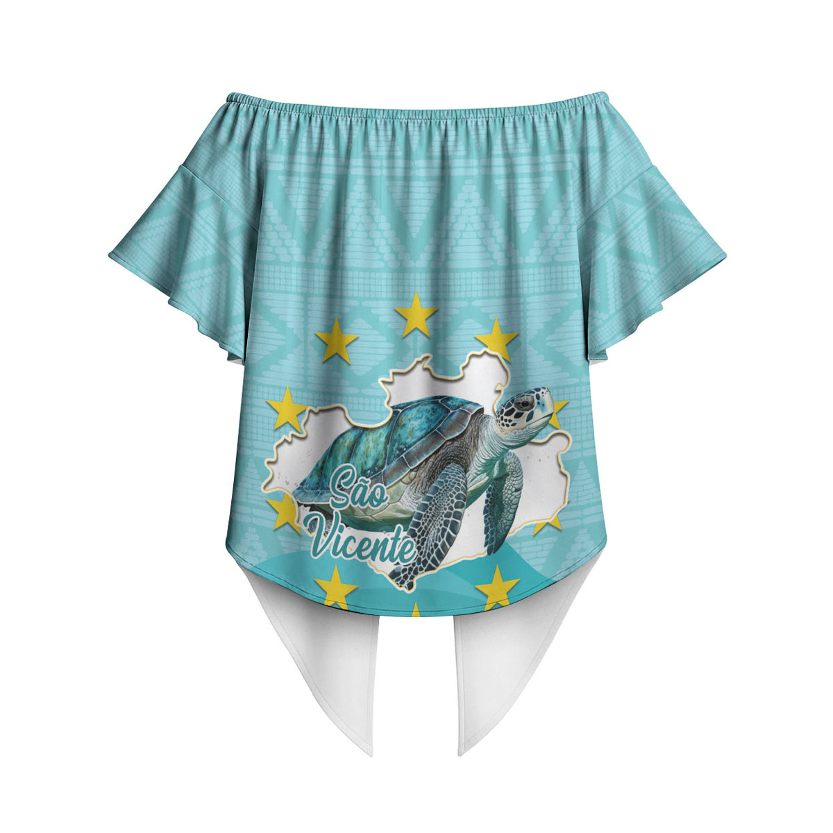 Sao Vincente Cabo Verde Off Shoulder Wrap Waist Top Map With Sea Turtle African Pattern