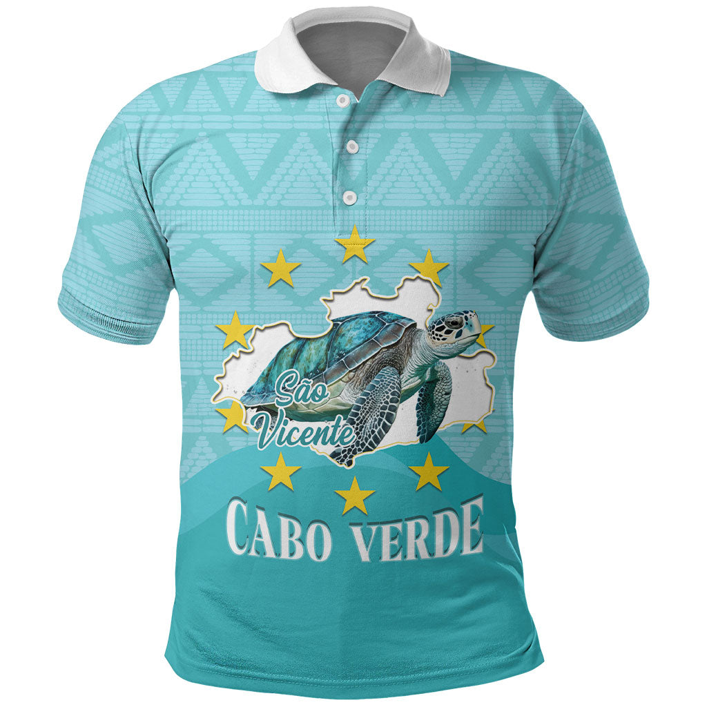 Sao Vincente Cabo Verde Polo Shirt Map With Sea Turtle African Pattern