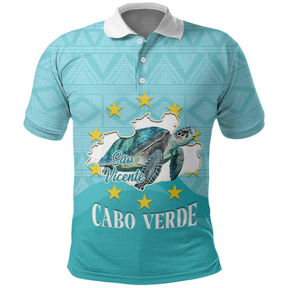 Sao Vincente Cabo Verde Polo Shirt Map With Sea Turtle African Pattern