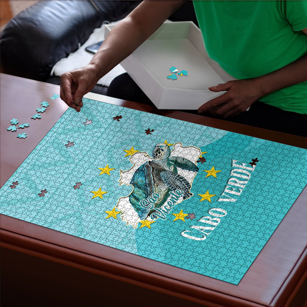 Sao Vincente Cabo Verde Puzzle Map With Sea Turtle African Pattern