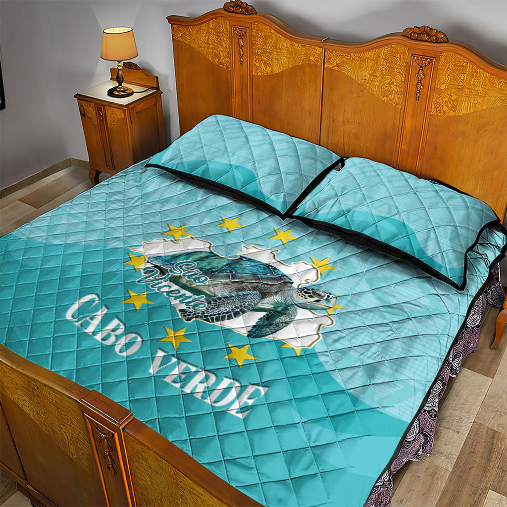Sao Vincente Cabo Verde Quilt Bed Set Map With Sea Turtle African Pattern