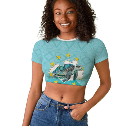Sao Vincente Cabo Verde Raglan Cropped T shirt Map With Sea Turtle African Pattern