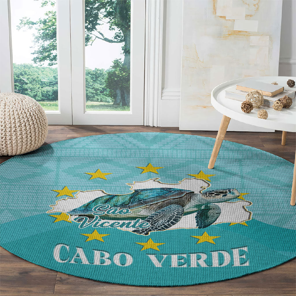 Sao Vincente Cabo Verde Round Carpet Map With Sea Turtle African Pattern