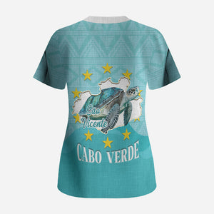 Sao Vincente Cabo Verde Scrub Top Map With Sea Turtle African Pattern