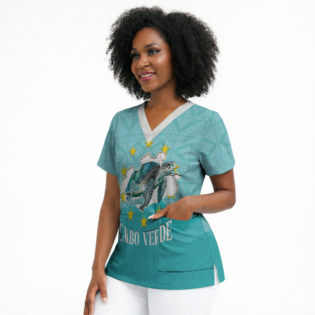 Sao Vincente Cabo Verde Scrub Top Map With Sea Turtle African Pattern