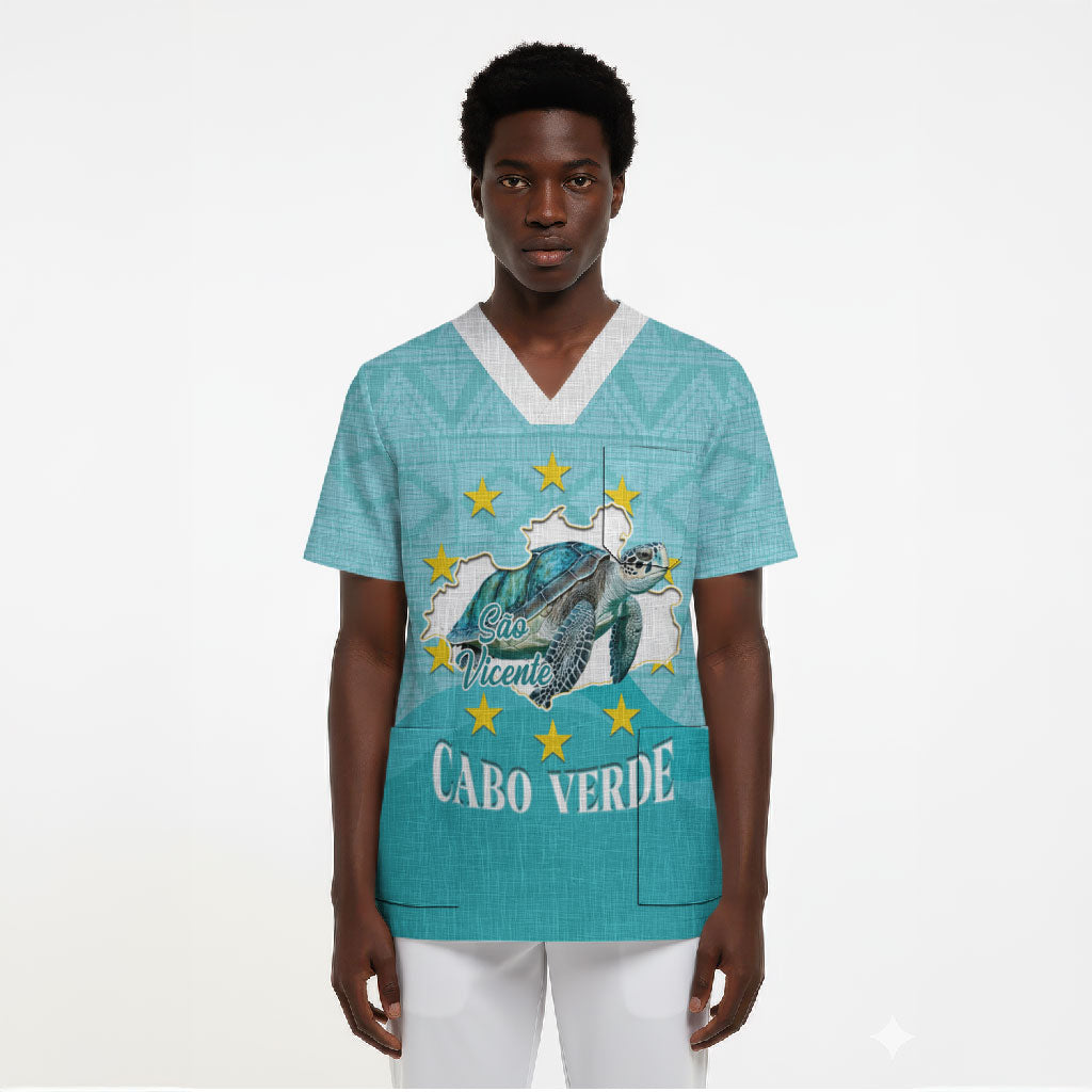 Sao Vincente Cabo Verde Scrub Top Map With Sea Turtle African Pattern
